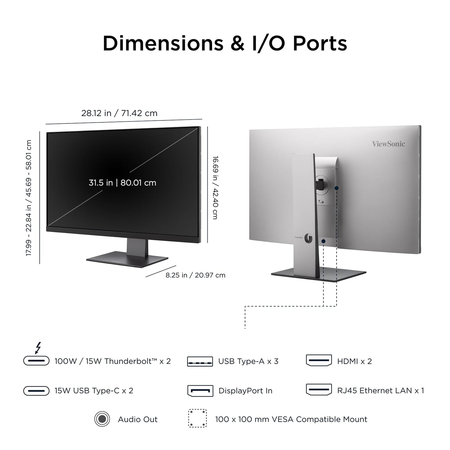 ViewSonic VP3276T-4K 32 Inch 4K ColorPro Monitor, IPS Display with 100% sRGB and Pantone Validated for Mac Studio and MacBook Pro, Advanced Ergonomics, Thunderbolt 4, HDMI, and DisplayPort Inputs