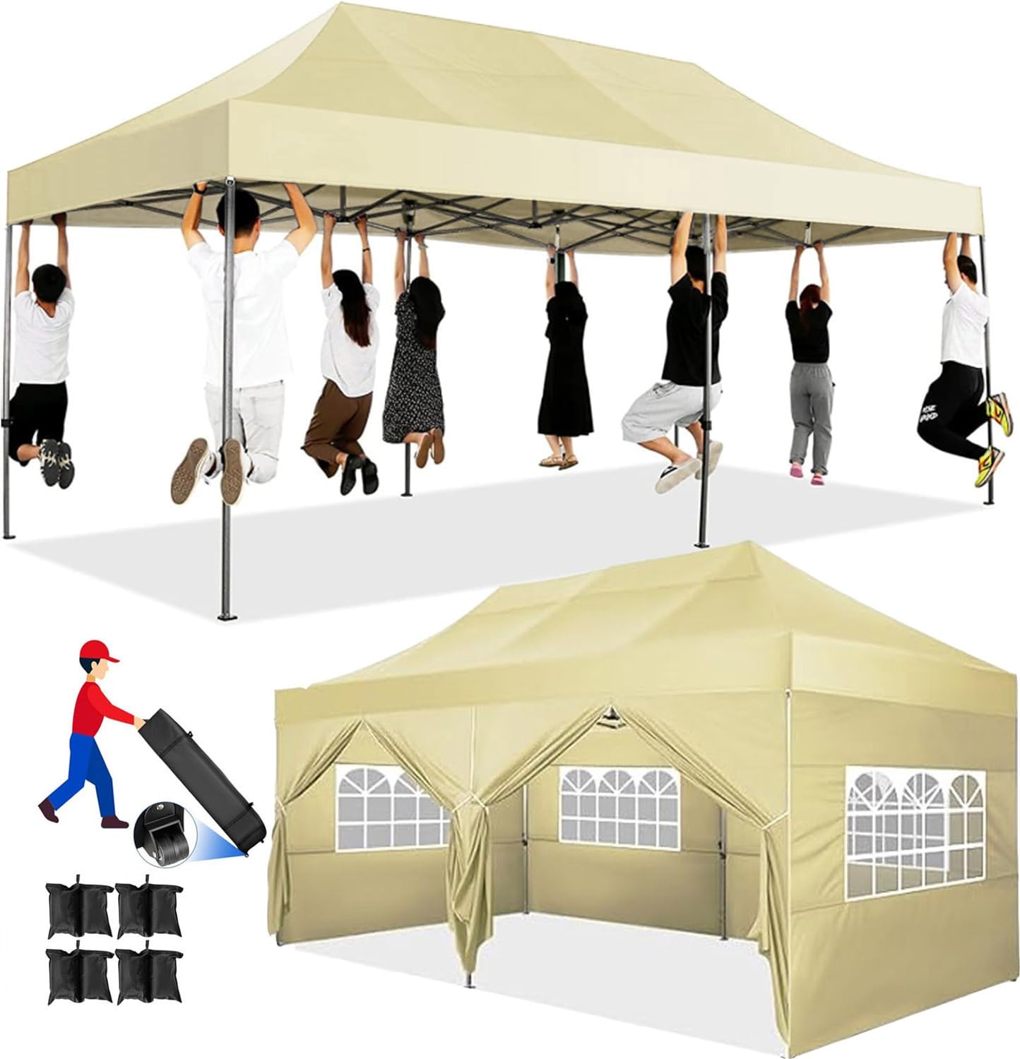COBIZI 10x20 Pop up Canopy Tent Heavy Duty, Easy Set-up Commercial Outdoor Party Tent, 100% Waterproof Wedding Tents Gazebo, 3 Height Adjustable with Wheeled Bag, Khaki