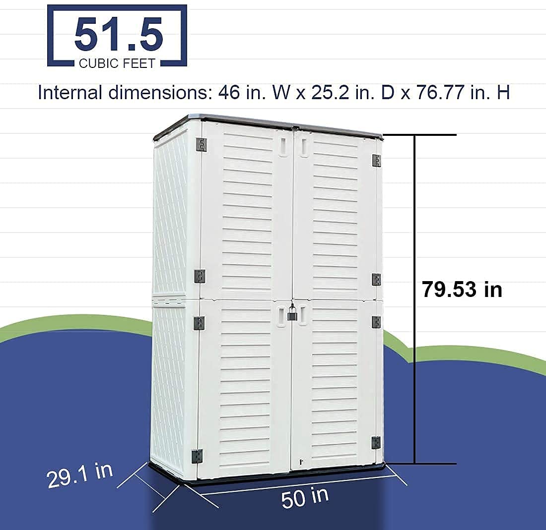 KINYING Outdoor Storage Shed Waterproof, Resin Vertical Storage Cabinet Double-Layered, Versatile to Store Patio Furniture, Garden Tools, Pool Accessories,Mower (66 Cu.ft,White)