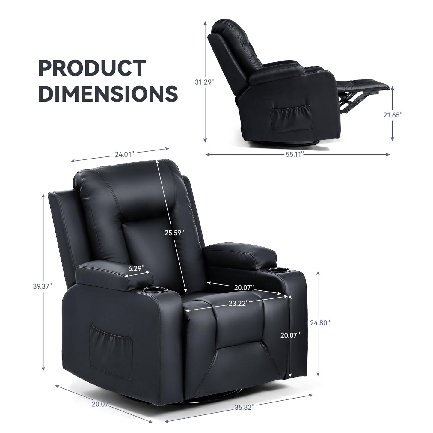 COMHOMA Recliner Chair Set, Leather Recliner Living Room Furniture Sets, Recliner Sofa Loveseat (Black,Living Room Set 3+1)