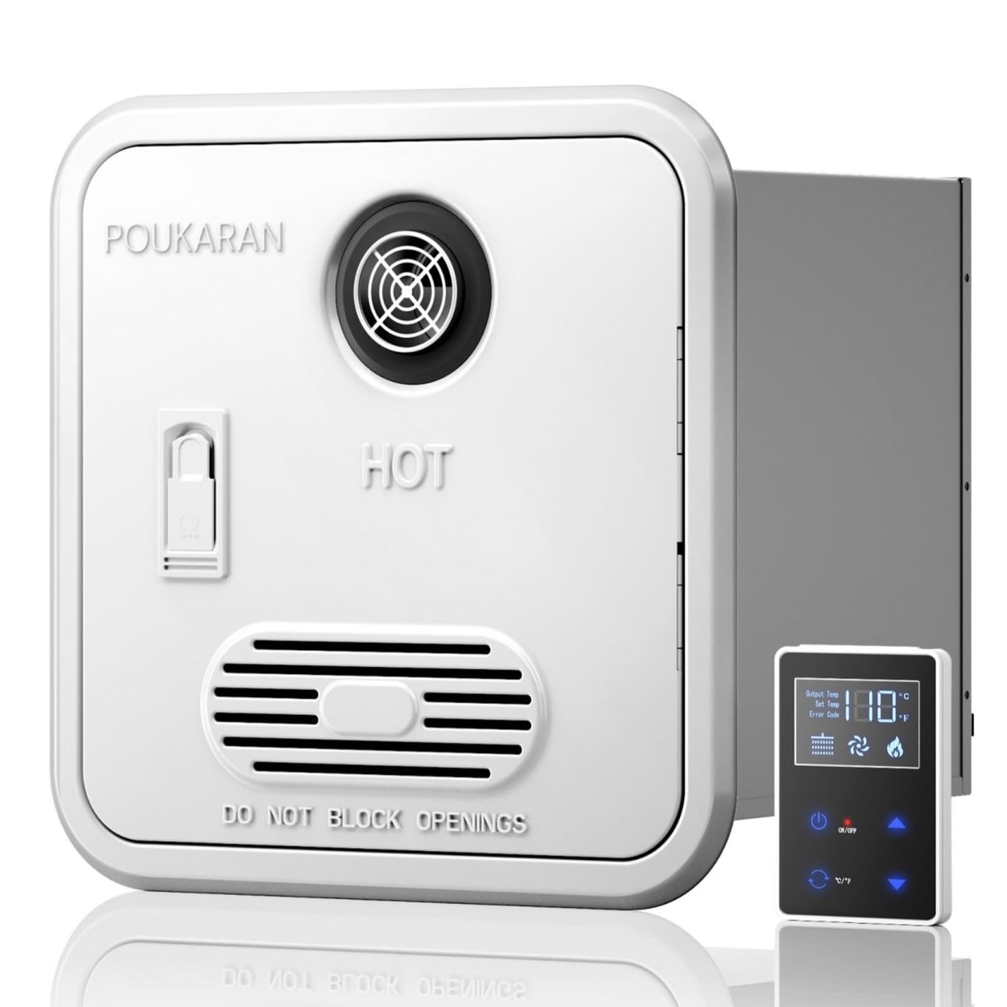 Poukaran 65,000 BTU RV Tankless Water Heater, High Altitude Available, DC 12V, On Demand Instant Hot Water Heater, with 15x15 inches White Door and Front Water Outlet, Compatible with all RVs