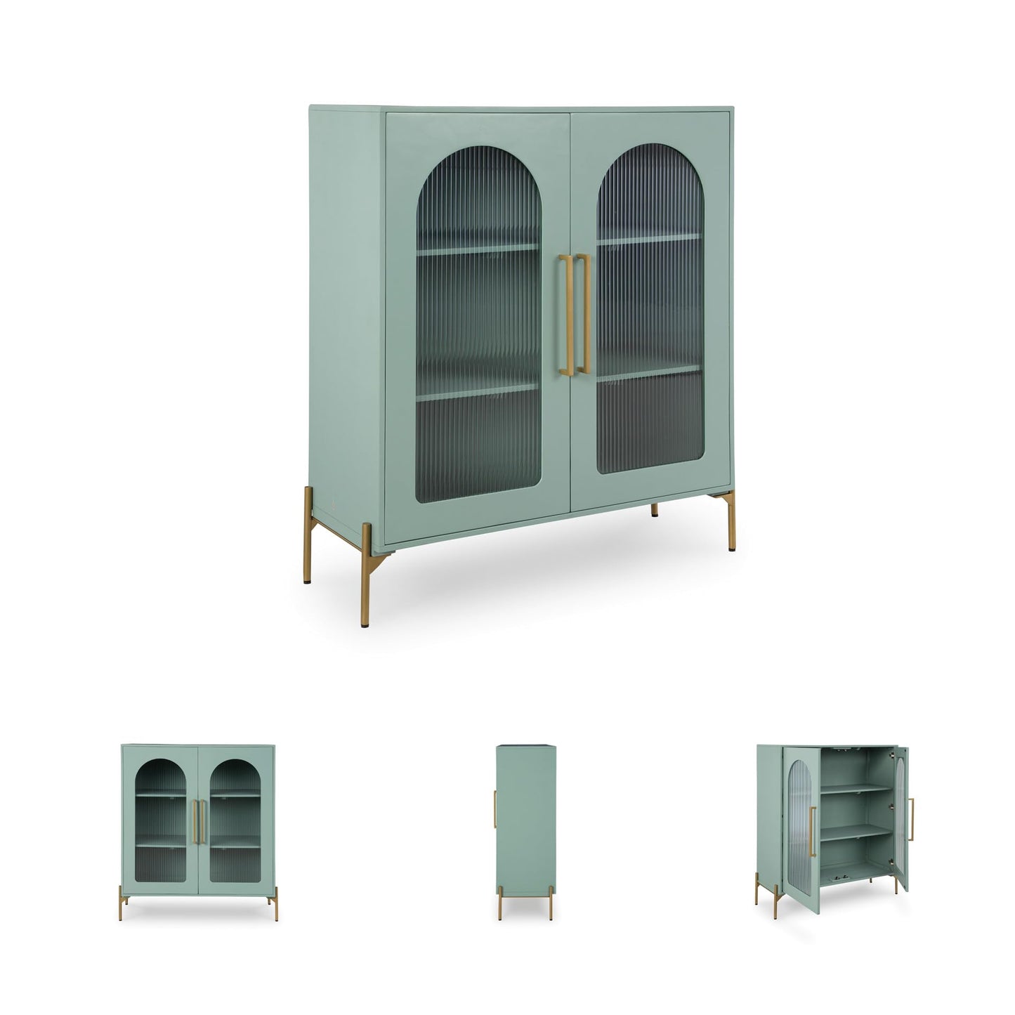 Signature Design by Ashley Adwen Arched Accent Cabinet, Modern Storage Cabinet with 2 Fluted Glass Doors, Engineered Wood & Metal Construction for Living Room Display, Light Green & Gold, 40" W