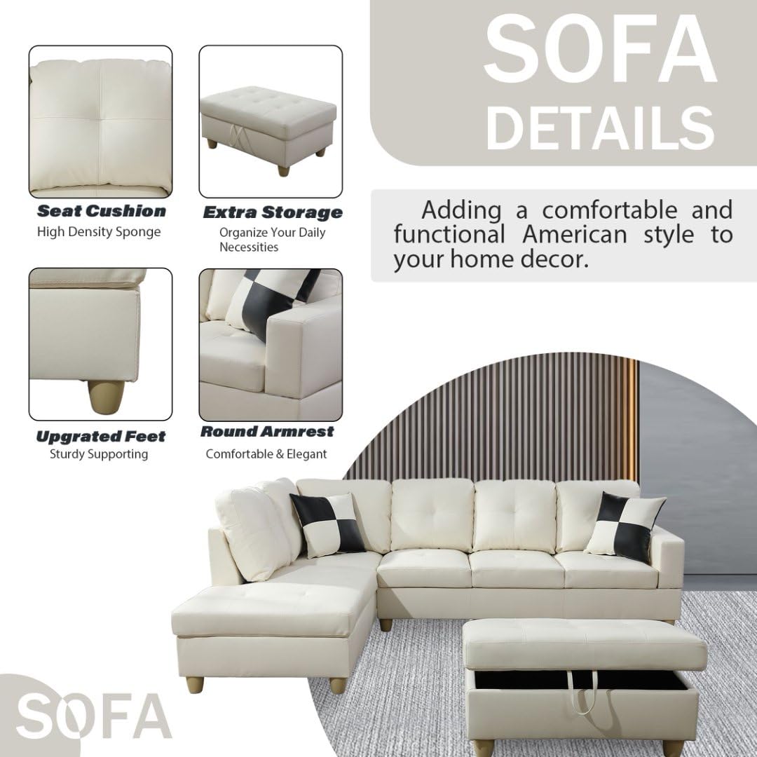 UOCFYK White L-Shaped 3-Piece Faux Leather Sofa with Storage Ottoman Set, Sectional Couch Leather-Like Sofa Set for Living Room, Office, Small Space