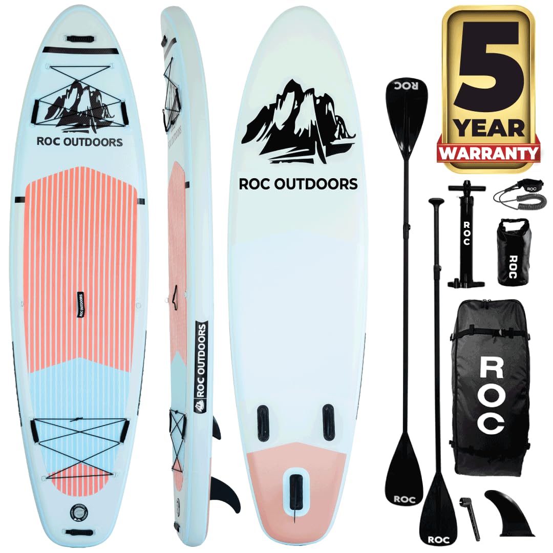 Roc Inflatable Stand Up Paddle Board with Premium SUP Paddle Board Accessories, Wide Stable Design, Non-Slip Comfort Deck for Youth & Adults (Cloud)