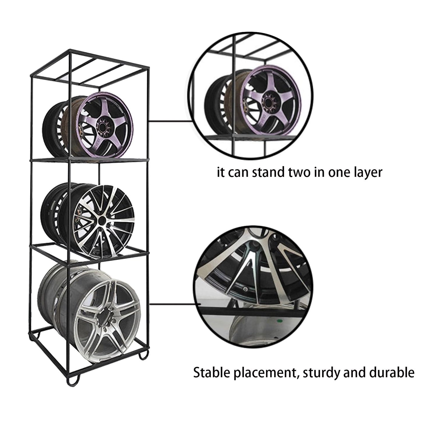 Deebior 1Pc Universal Black Rustproof Steel Double Sided Wheel Rim Display Stand,Car Wheel Rims Shelf Organizer, Heavy Duty Multi Tire Rim Stand for Garage Repair Shop 243B
