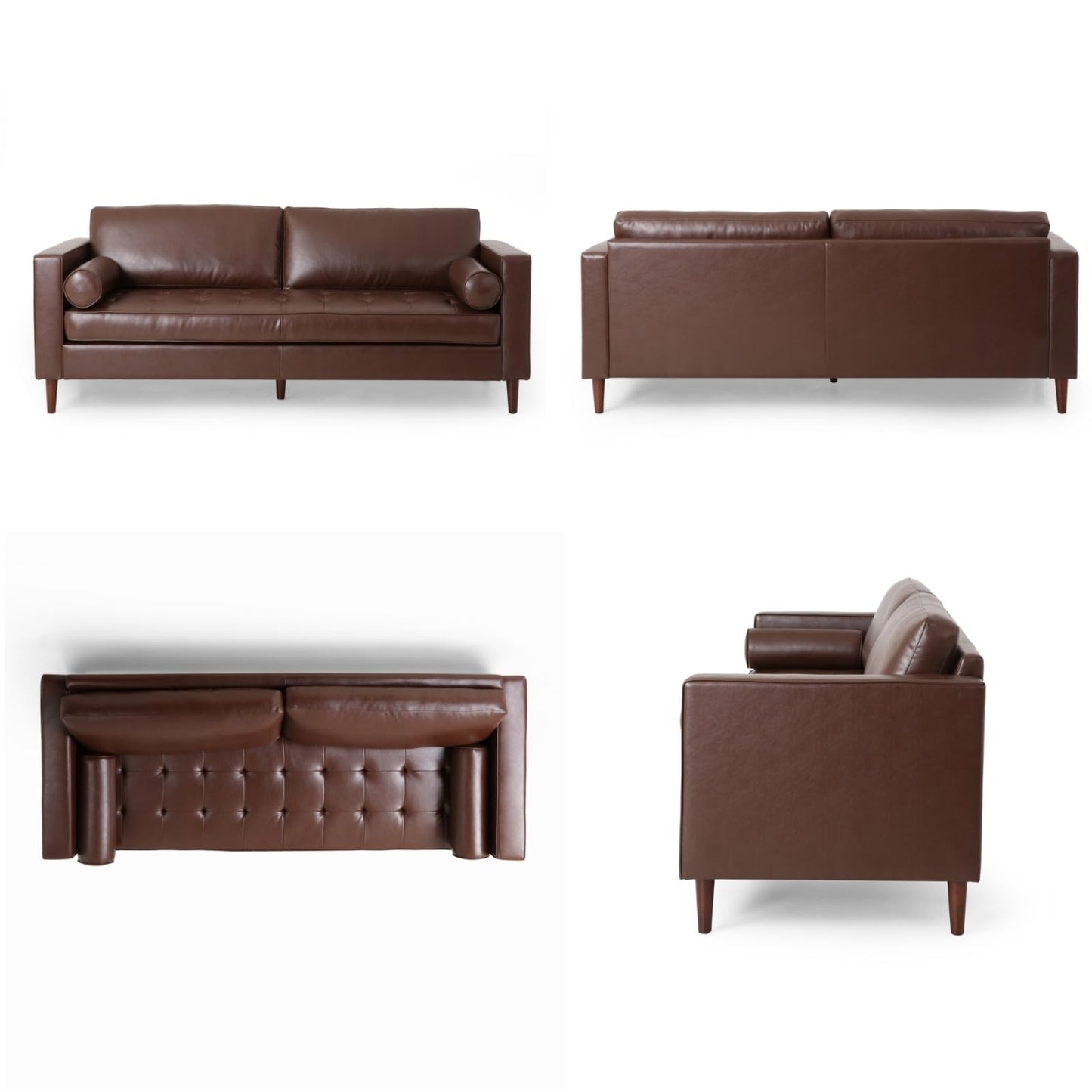 Merax Upholstered PU Sofa, Classic 3 Seater Leather Couch with Wooden Legs for Living Room Bedroom Office, Dark Brown