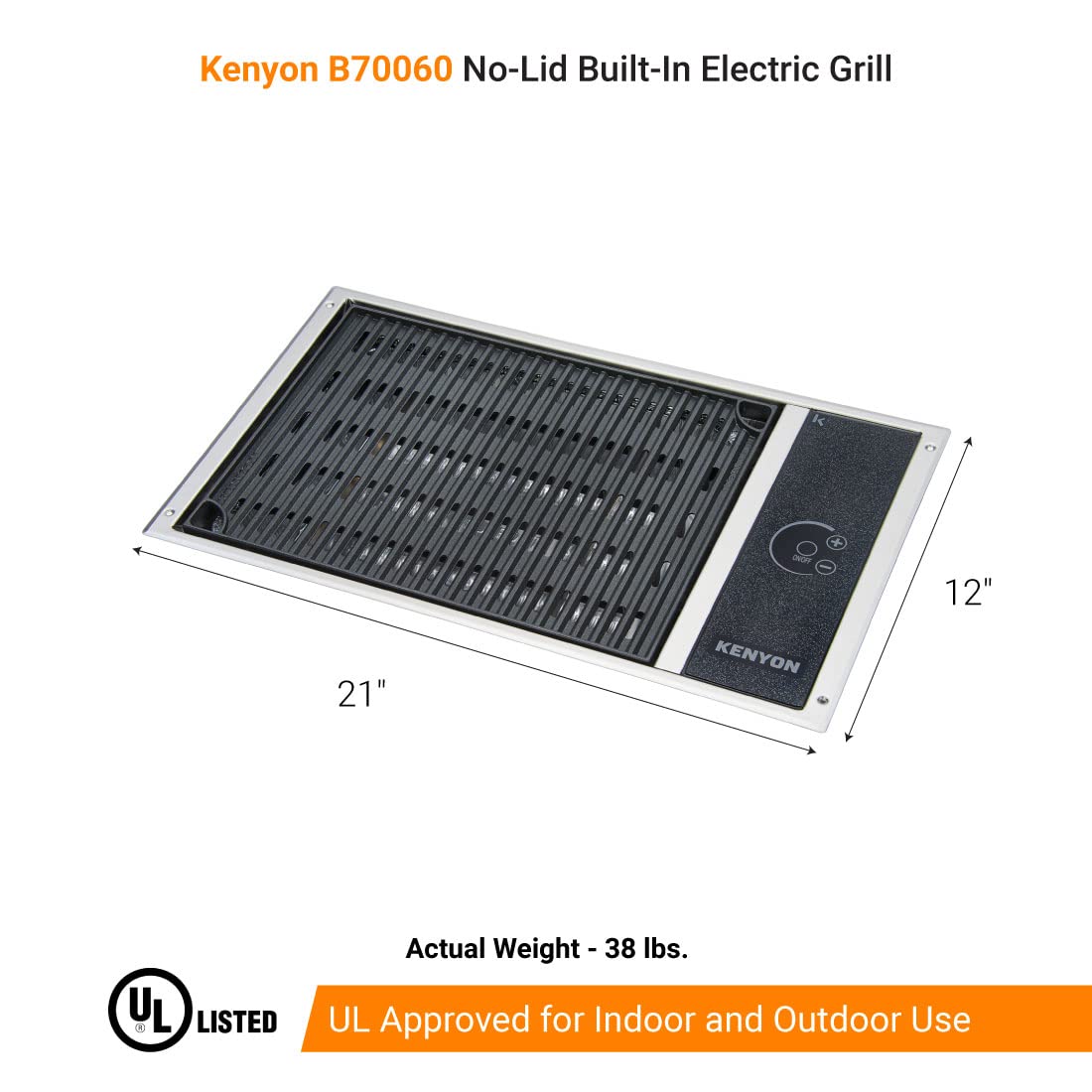 Kenyon No-Lid Built-In Electric Grill, Stainless Steel Grill With Single Burner, Quick Heat Up, Digital Touch Panel, UL-Approved For Indoor And Outdoor Use, Dishwasher Safe Grate, 120V