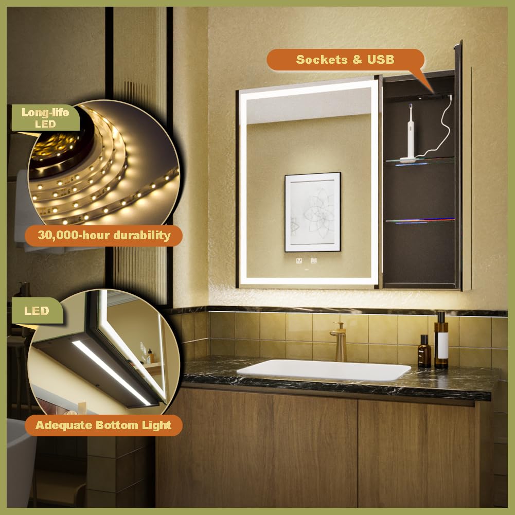 GANPE LED Lighted Bathroom Medicine Mirror Cabinet with Sockets & USBs, Anti-Fog Dimmable Light and Color Adjustment, Easy to Install Aluminum Cabinet (30 * 28 Two-Door)