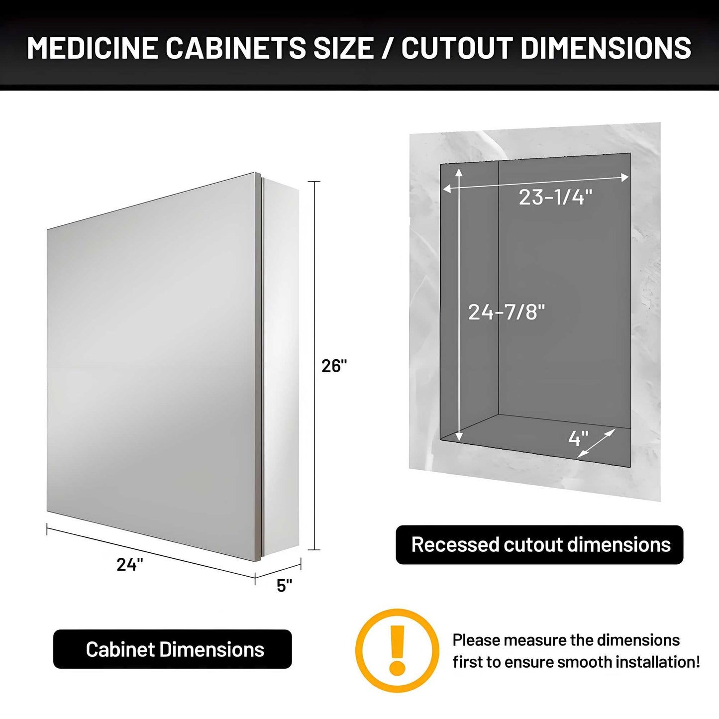 AZDHOME 24 x 26 Inch Bathroom Medicine Cabinet with Mirror, Surface/Recessed, Aluminum Frame with Mirrored Side Panels, Adjustable Shelves, Space-Saving Modern Farmhouse Design, Assembly Required