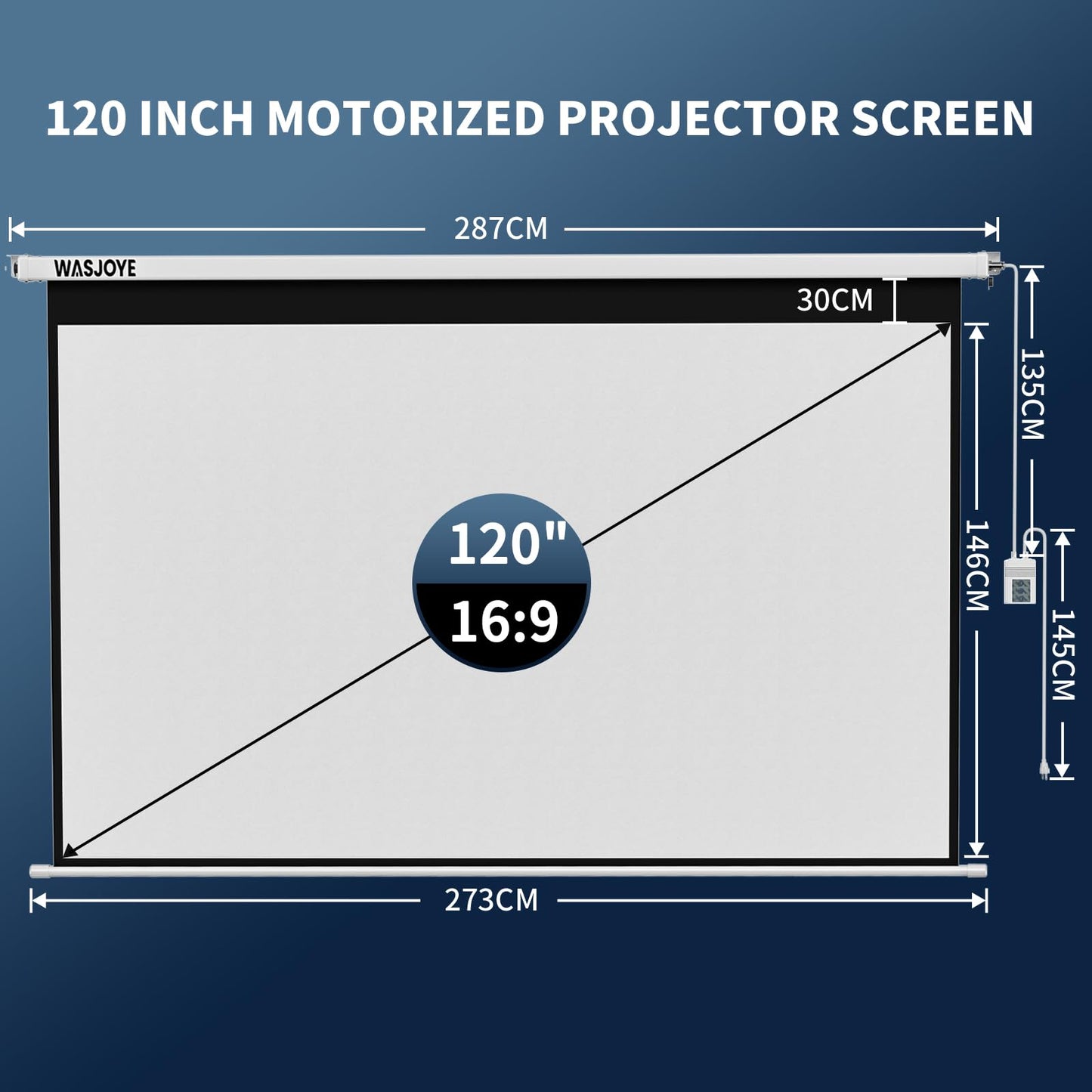 WASJOYE Motorised Projector Screen 120" - 16:9 Electric Projector Screen Wall/Ceiling Mount with Remote Control - 8K HD Projection Screen Dual Side Power Supply for Home Theater Office TV Game