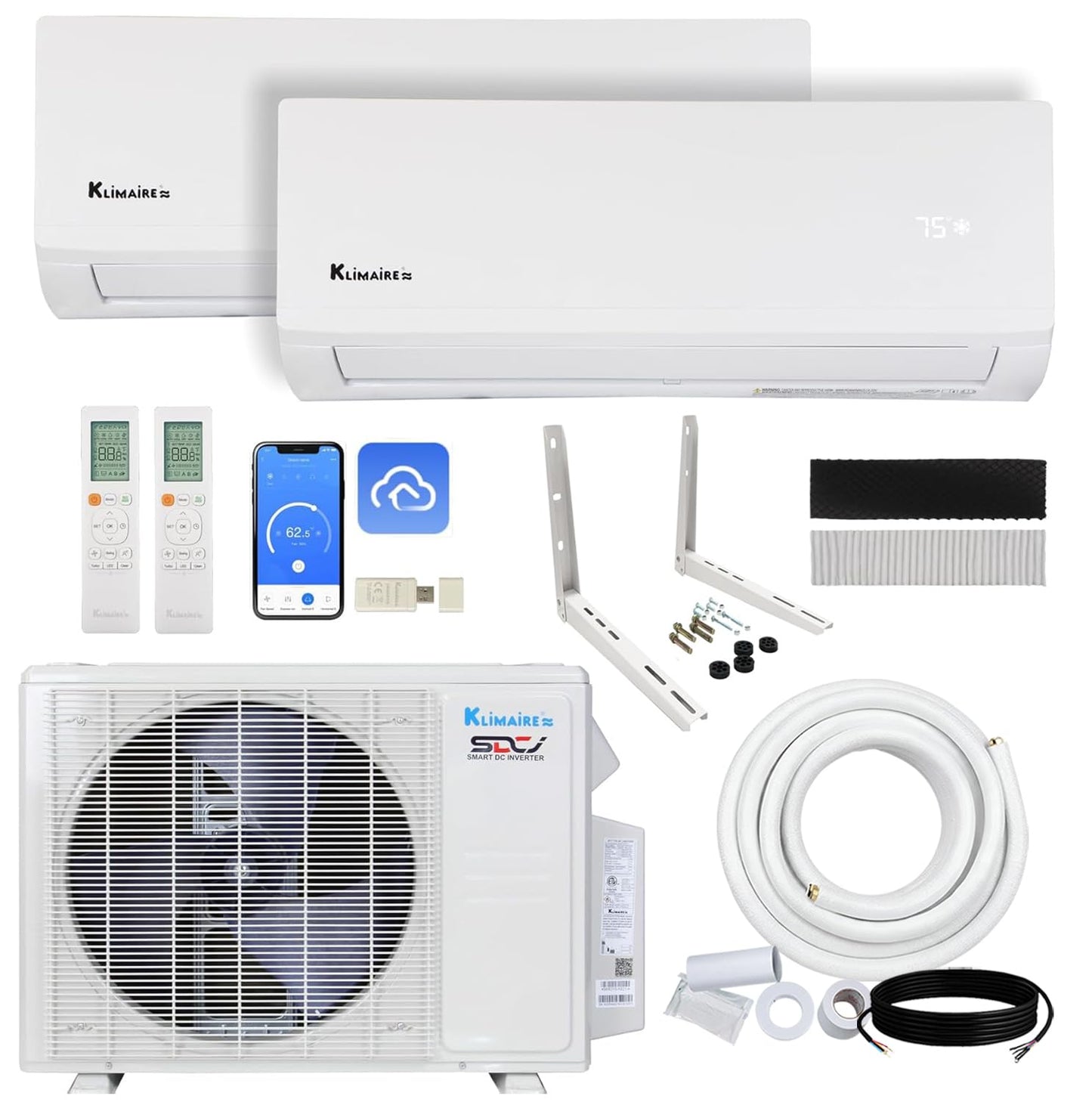 Klimaire 18,000 BTU 2-Zone 23 SEER2 Wall Mounted Mini Split Heat Pump System w/All Inclusive Installation Kits (9,000 BTU + 12,000 BTU) - R454B