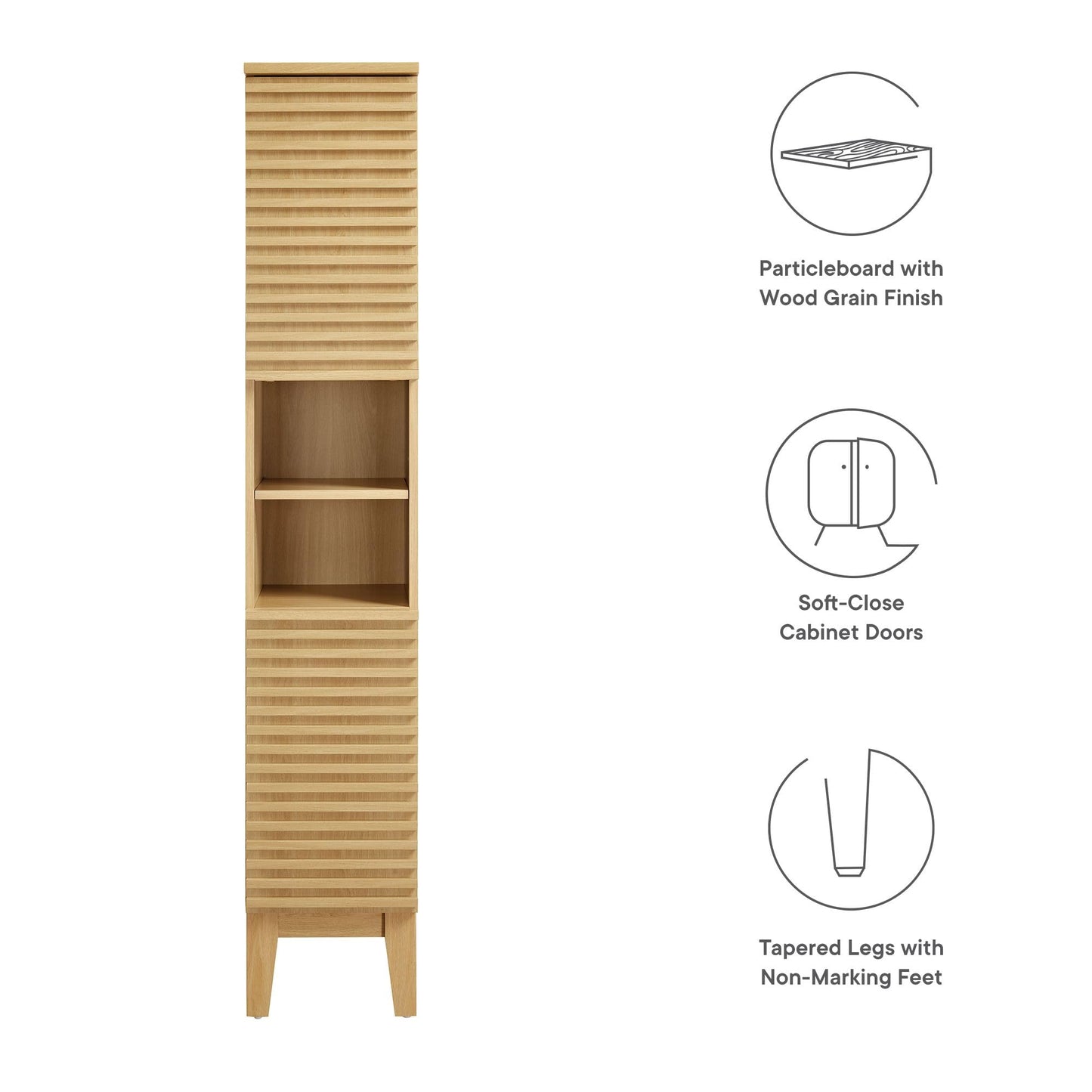 Modway Render Tall Narrow Bathroom Storage Tower in Oak - 63” Freestanding Linen Cabinet with Open Shelves and 2 Soft-Close Doors - Slim Towel and Makeup Organizer