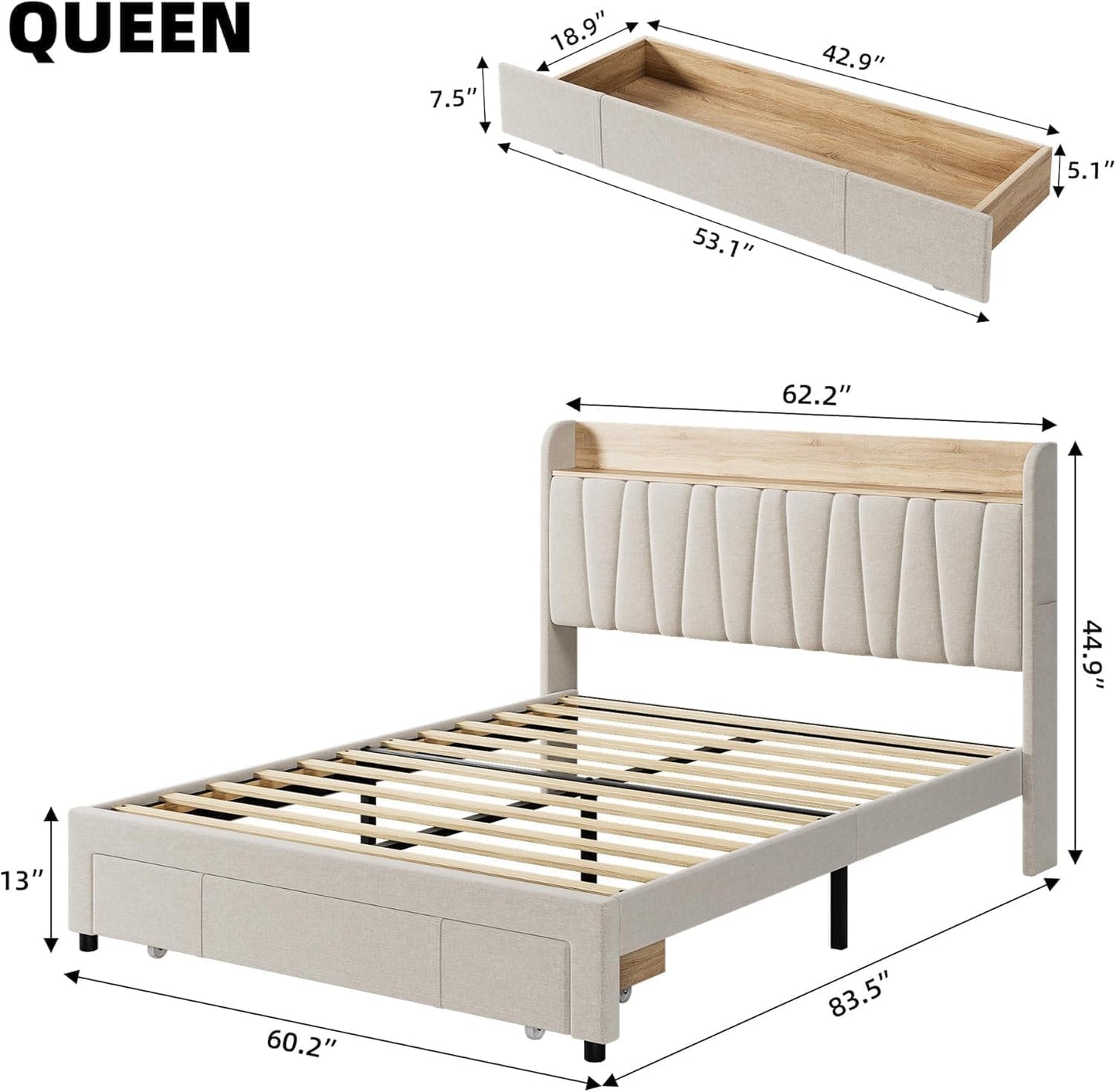 IDEALHOUSE Upholstered Bed Frame with Storage Headboard and Charging Station, Platform Bed Frame with Drawers, Heavy Duty, No Box Spring Needed, Easy Assembly, Beige, Queen Size