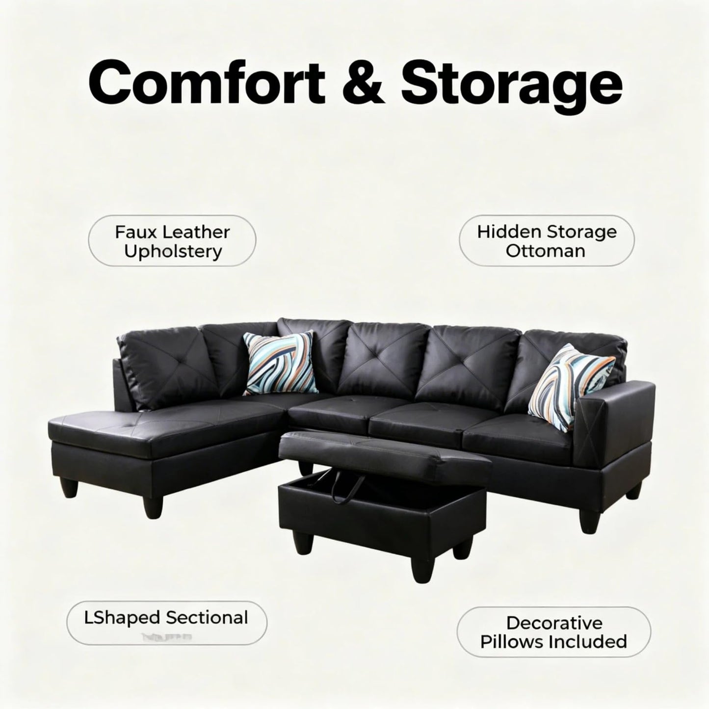 Trygoal L-Shape Sofa with Storage Ottoman, Leather Sectional Couch with Left Chaise, Modern 3-Piece Sofa Set for Living Room, Upholstered Couch Set with Solid Wood Frame for Apartment, Loft, Black