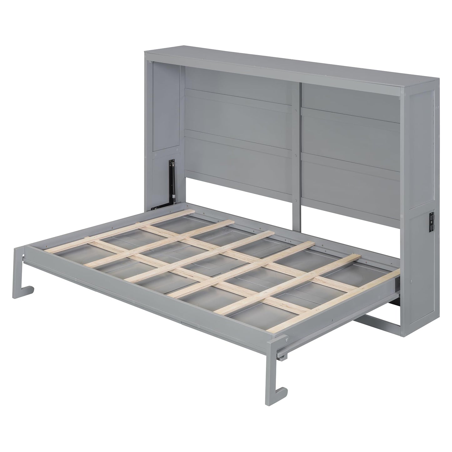 Ball & Cast Murphy Bed Full Size,Wall Beds with Charging Station and Storage Top,Slat Support,Wood Hideaway Cabinet Bedframe w/Leg,can be Folded,Space-Saving,for Small Room,Dorms,Gray