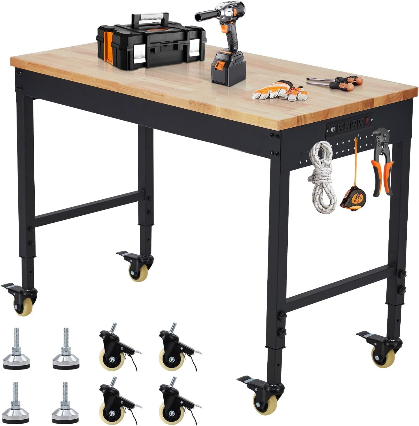 Adjustable Height Garage Workbench 60" X 22" - Heavy Duty 2000 lbs Capacity, Rubber Wood Top, Rolling Workstation with Drawer Storage, Power Outlets & Lockable Wheels - Perfect for Workshop