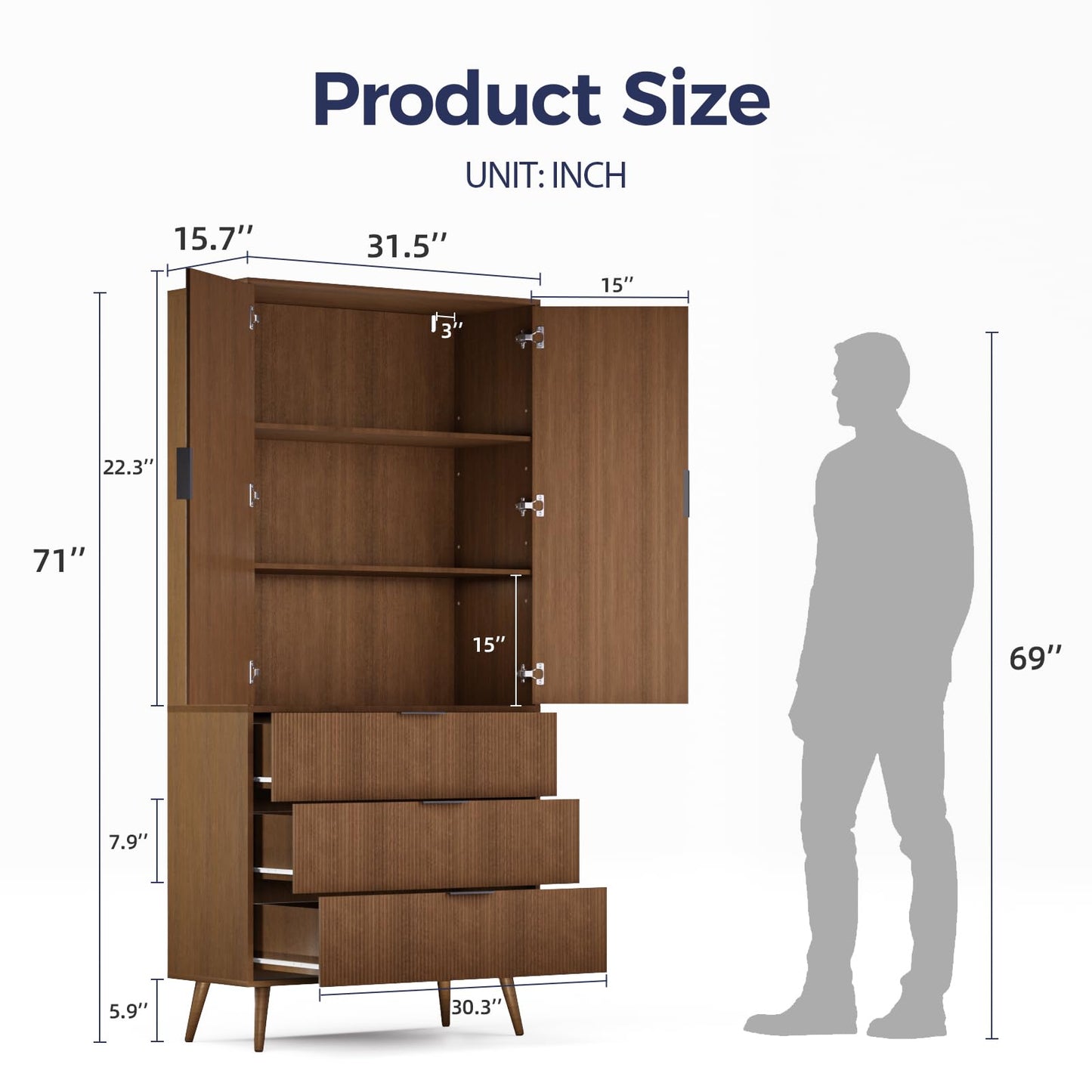 Trygoal Tall Storage Cabinet, Kitchen Pantry Cabinet with Adjustable Shelves & Fluted Panel Design, Wood Cupboard with 3 Drawers 2 Doors, Tall Home Cupboard for Living Room, Kitchen, Walnut