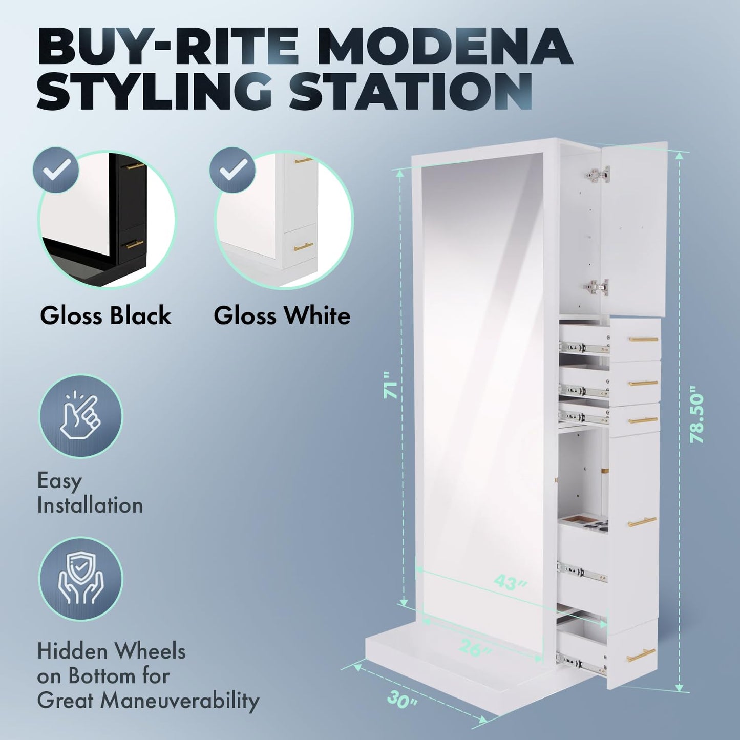 Buy-Rite Modena Single-Sided Styling Station - Gloss White, Full-Length Mirror, Storage Cabinets, Drawers, Pull-Out Tool Tray, Electrical Ready, Space-Saving Salon Station for Professionals, NIN-MS-01