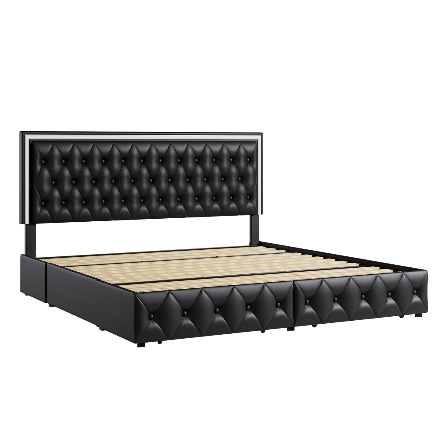 Keyluv Queen Size LED Bed Frame with 4 Storage Drawers and Adjustable Headboard, PU Leather Upholstered Button Tufted Modern Platform Bed, Solid Wooden Slats Support, Easy Assembly, Black