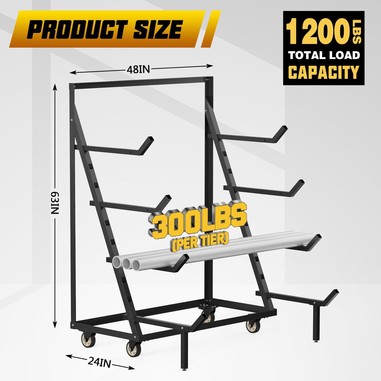 4 Tier Pipe And Lumber Storage Rack - Heavy Duty Pipe Rack With 4IN Swivel Casters And Adjustable Support Bar Weight Capacity Up To 1200LBS, Plywood Storage Shelf For Garage, Workshop And Warehouse
