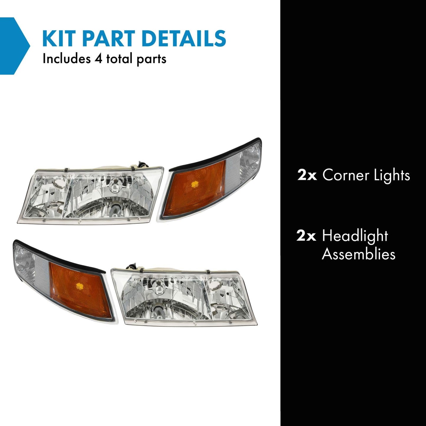 TRQ Headlight Assembly Set for 1998-2002 Mercury Grand Marquis, Driver & Passenger Side, Model LKA87005
