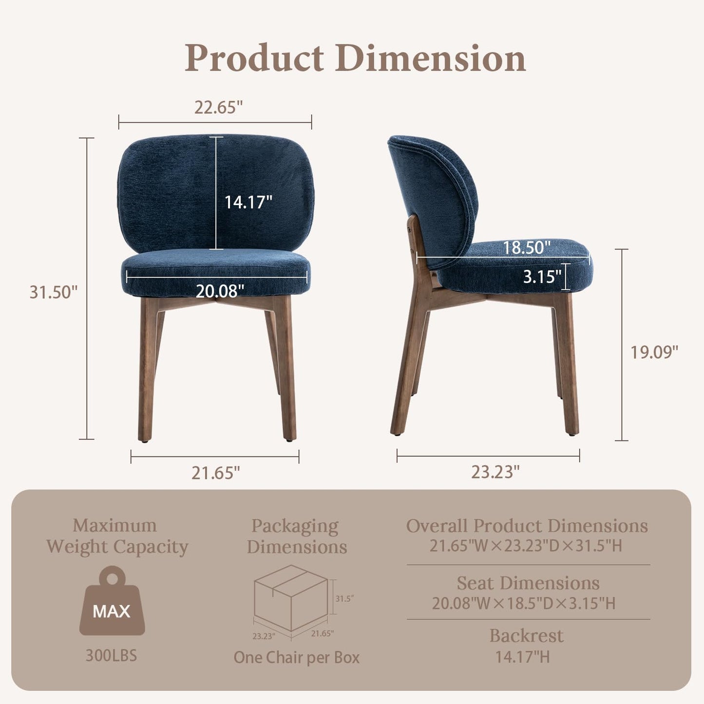 YOUNUOKE Upholstered Dining Chair, Modern Chenille Fabric Dining Room Chair with Wood Legs, Widen Backrest Comfy Side Kitchen Chairs, Blue (Single Pack)