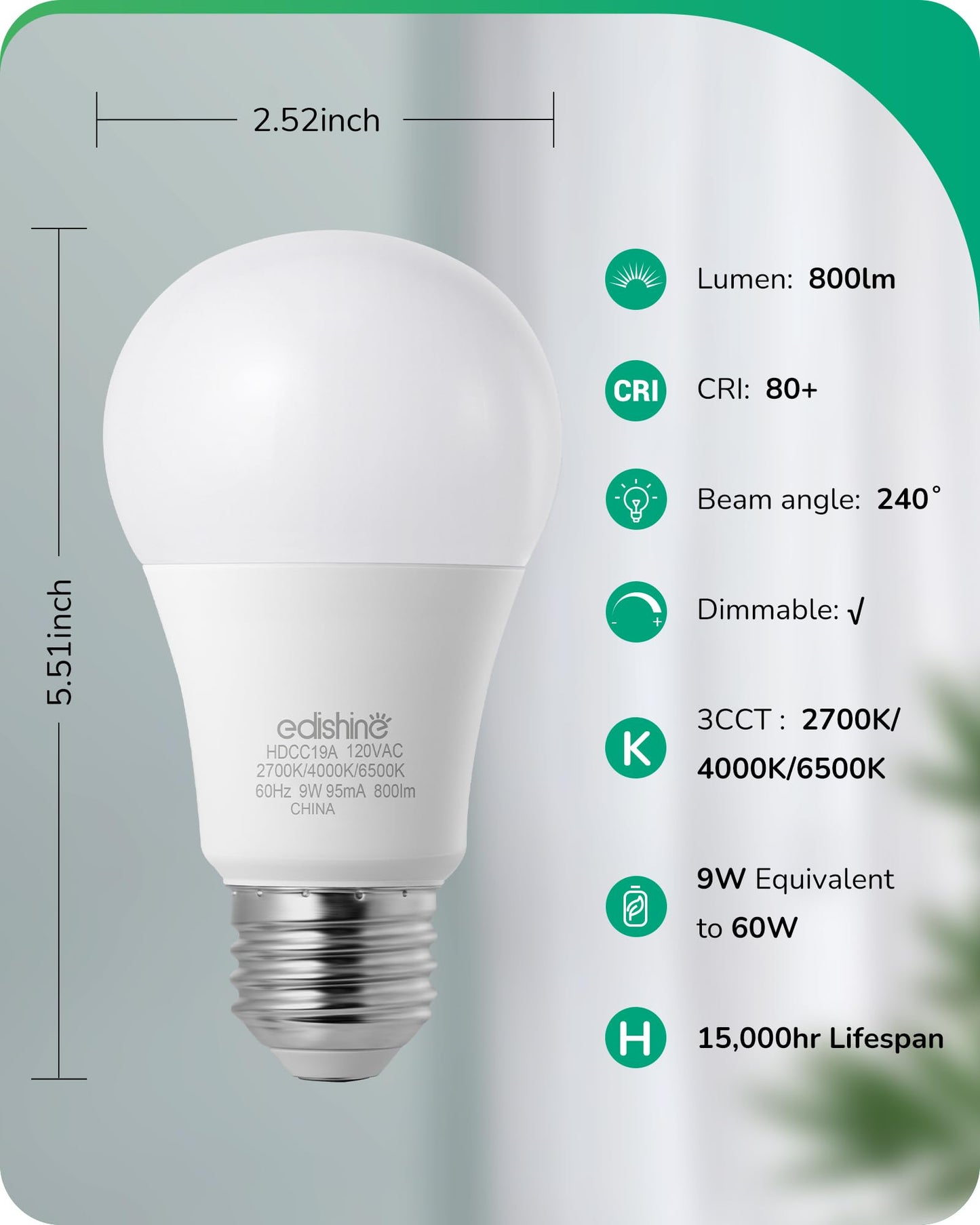 EDISHINE Dimmable LED Light Bulb 800LM 9W E26 Base 3 Color Temperatures 2700K/4000K/6500K Warm White 8 Pack