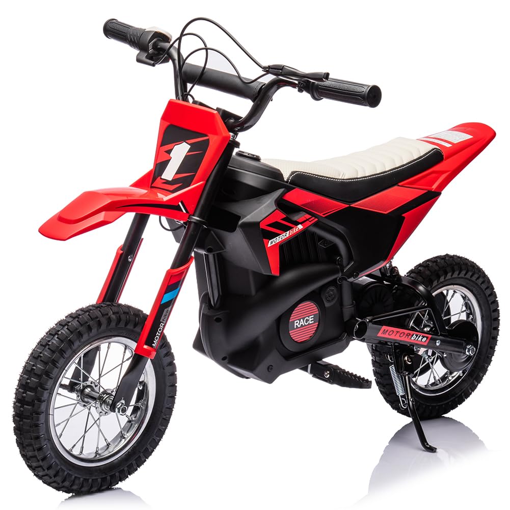 Garvee 24V Kids Electric Off-Road Motorcycle, Ride on 250W Motor 13.6MPH Fast Speed Dirt Bike, Leather Seat, Twist Grip Throttle, Metal Suspension, Air-Filled Tires for Kids Teens Riding Toy, Red