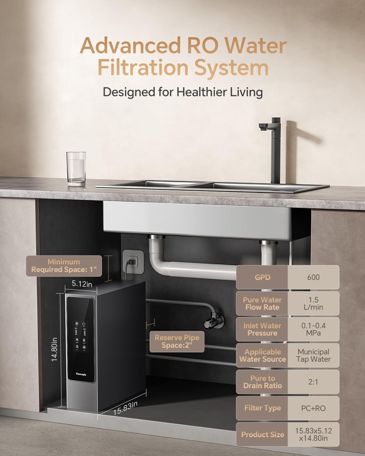 Vancepic Under Sink Reverse Osmosis Water Filter System,0.42 GPM High Flow 600 GPD Tankless RO System,3:1 Pure to Drain Ratio, 95% TDS Removal, Space-Saving Design with Faucet, NSF/EPA Standards V600