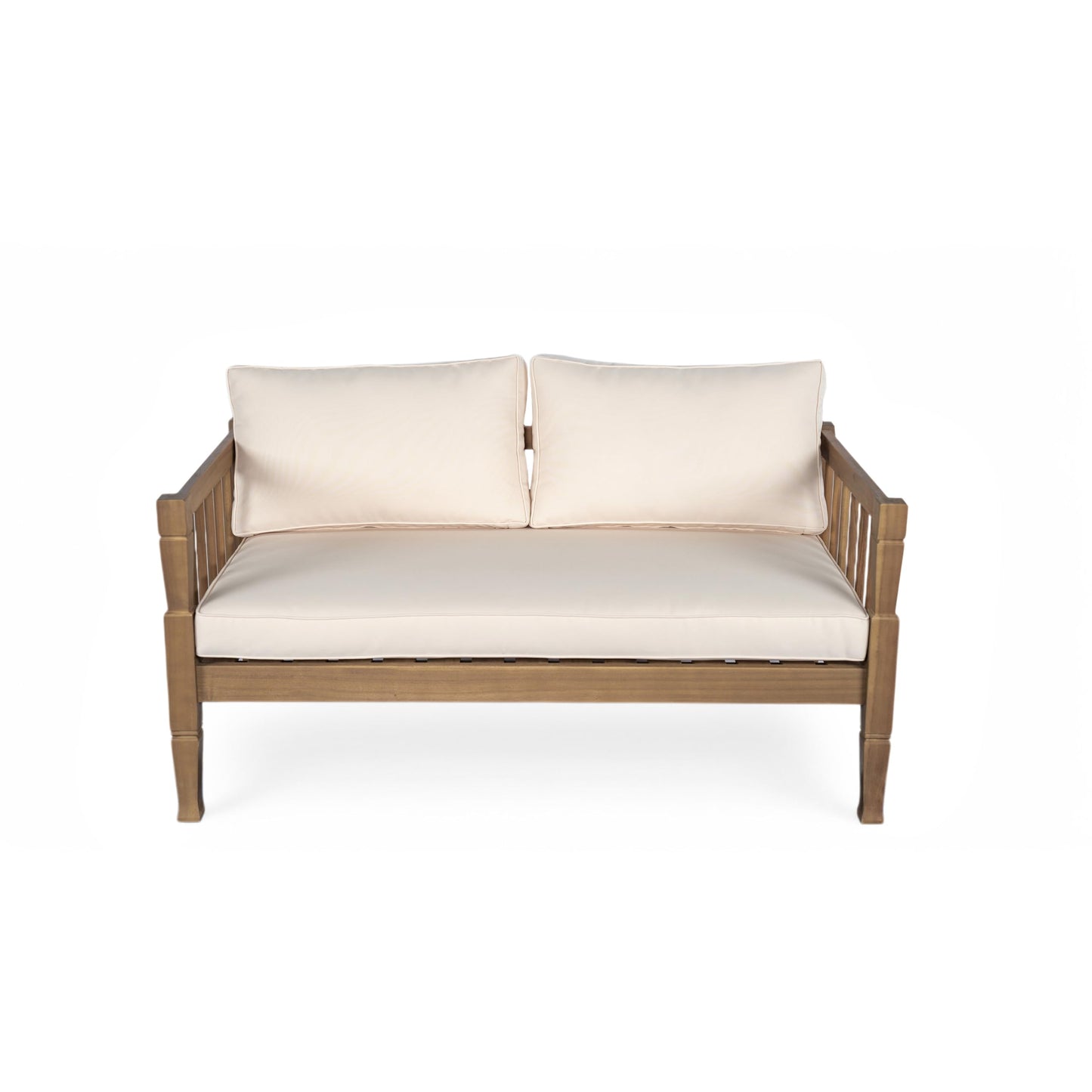 Merax 4 Piece Paito Conversation Set, All-Weather Acacia Wood Loveseat Sofa, 2 Armchairs with Deep Seating and Thick Cushions,1 Coffee Table for Porch, Lawn, Backyard, Teak+Beige