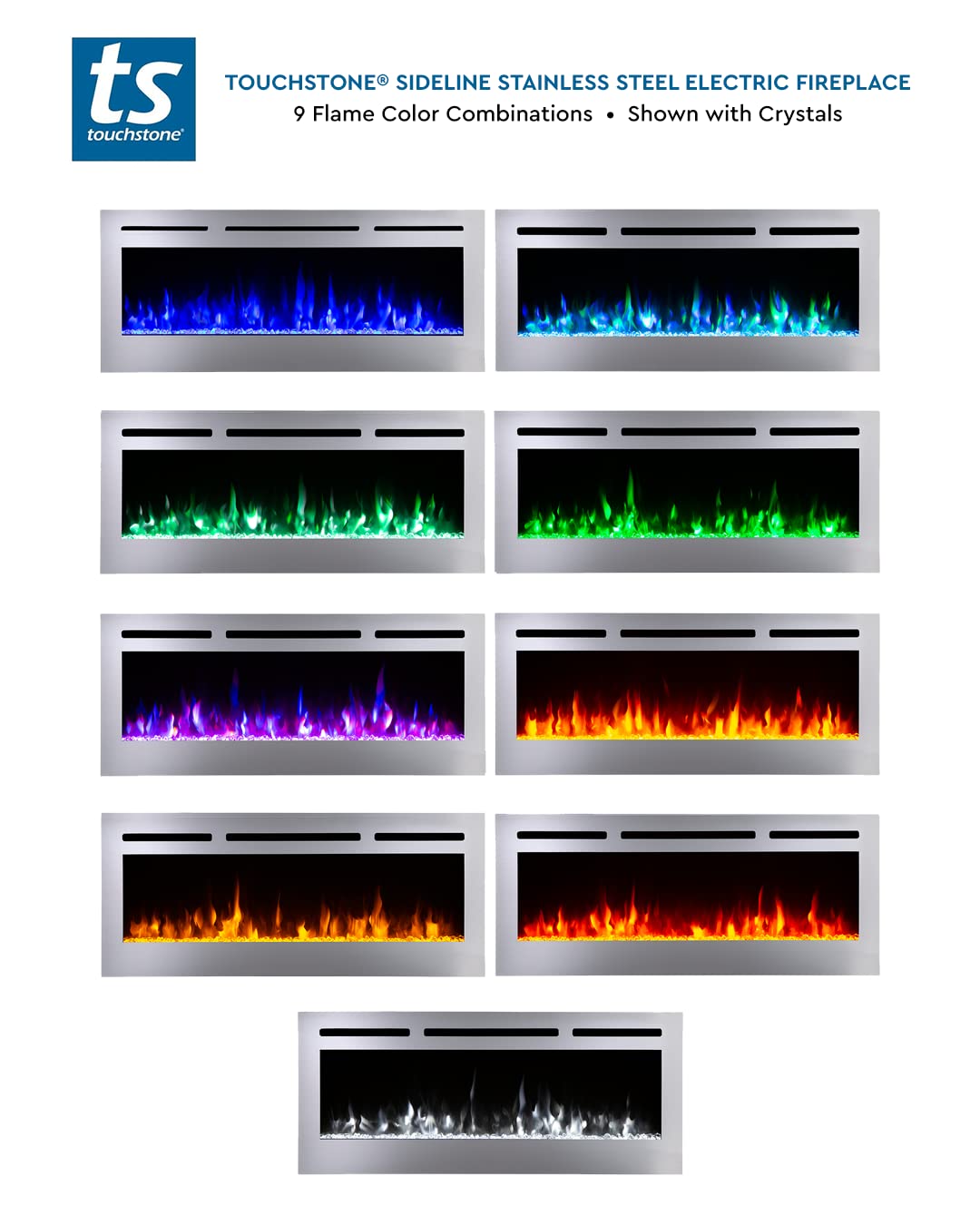 Touchstone Sideline Deluxe -Stainless Steel Smart Electric Fireplace- 50" Wide- Alexa/WiFi-Enabled- in Wall Recessed- 5 Flame Settings- 9 Flame Colors- 1,500W Heater- Log & Crystal Options- 86273