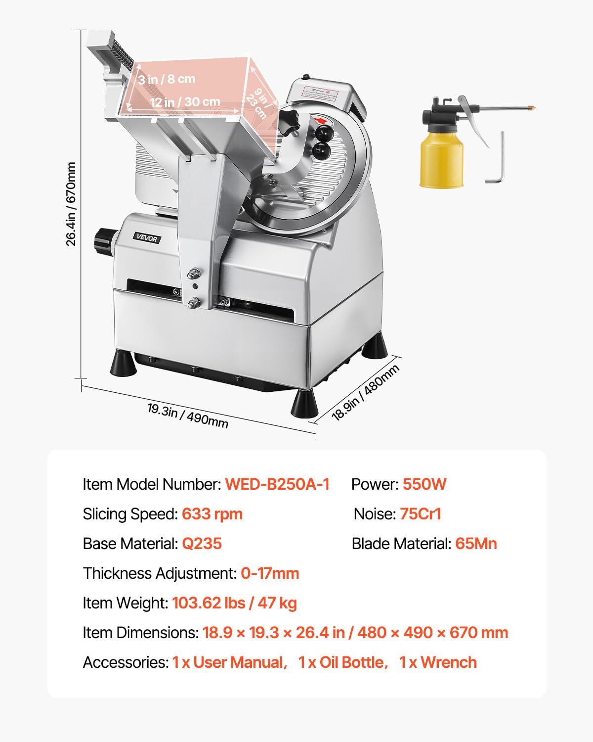 VEVOR Automatic Meat Slicer, 500W Electric Deli Slicer Machine with 10 inch Sharp 75Cr1 Steel Blade, 0-0.67 inch Adjustable Thickness, 633 RPM Fast Slicing, for Frozen Meat, Hard Cheese, and Bread