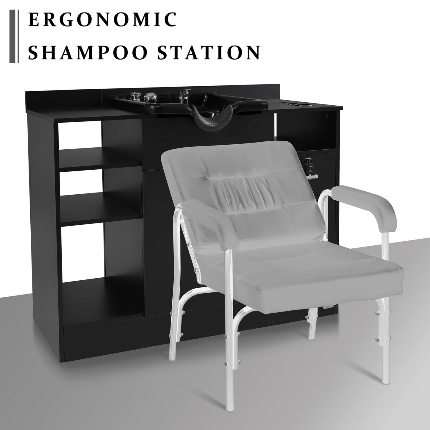 Shampoo Backwash Station for Salons, Salon Station with Shampoo Bowl & Storage Layer, Drawer, USB Port, Faucet Sprayer, Salon Equipment for Spa Beauty