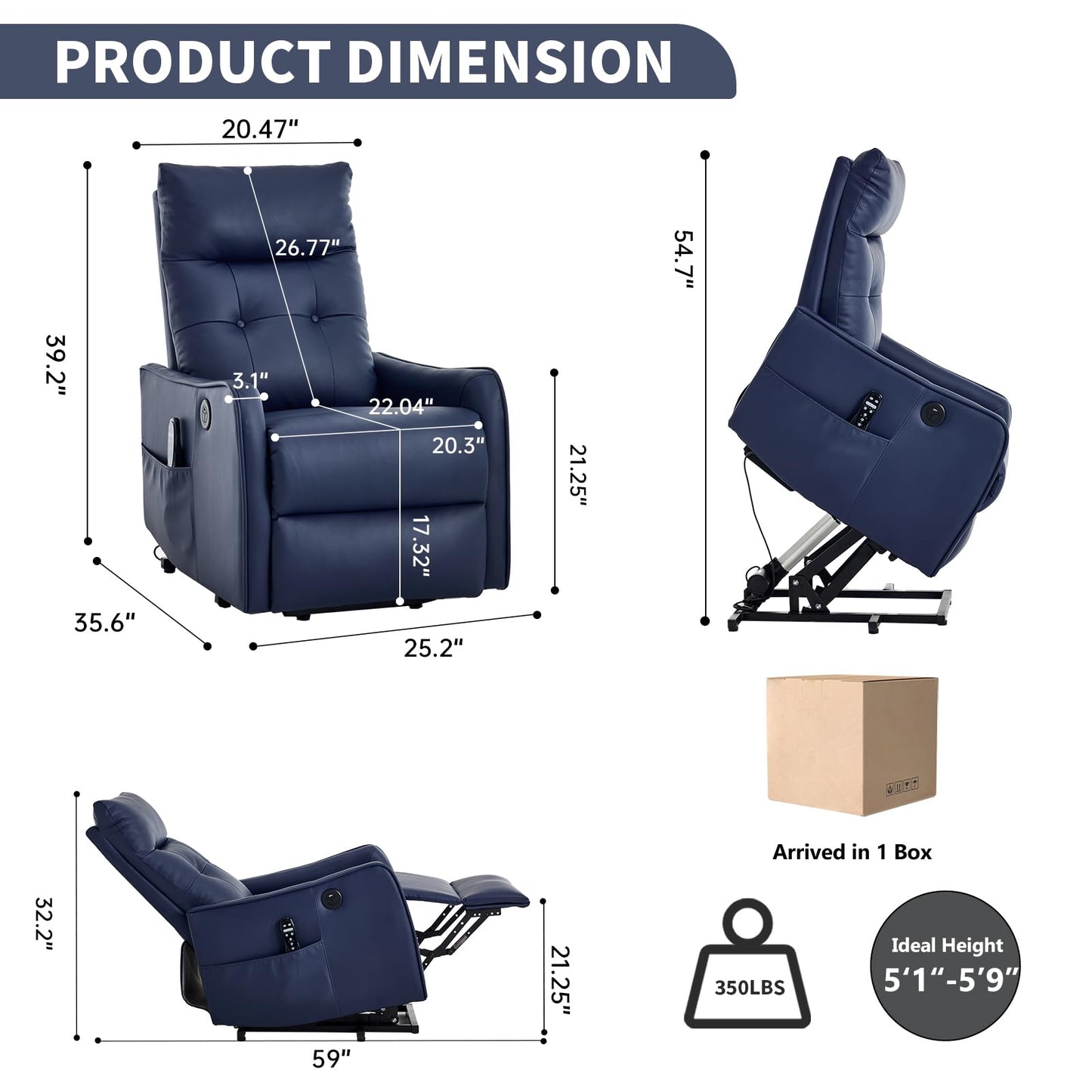 KEIKI Single Motor Power Lift Recliner Chair with Massage and Heat for Living Room, Synthetic Leather Upholstery with USB Charging Port and Side Pockets for Seniors
