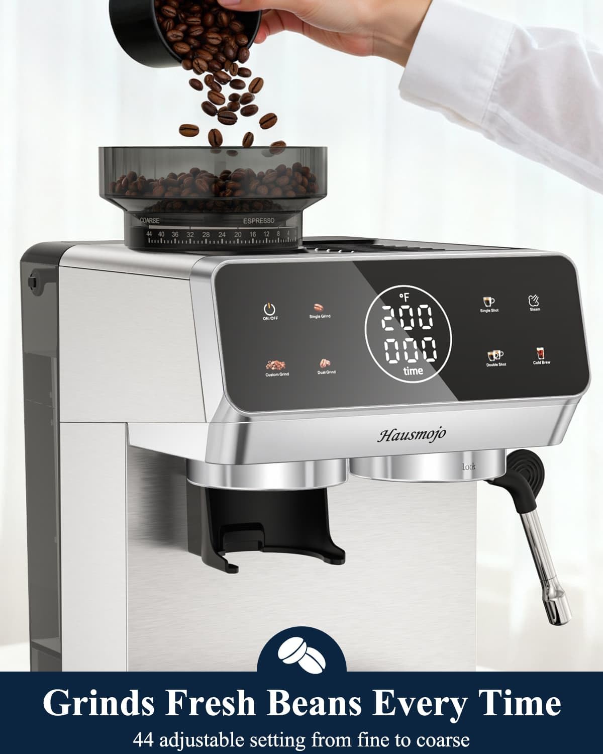 Hausmojo CM1620 Espresso Machine with Built-in Burr Grinder, 20 Bar Bean-to-Cup Espresso Maker with 44 Grind Settings & Steam Wand, Touchscreen Coffee Machine for Latte, Cappuccino