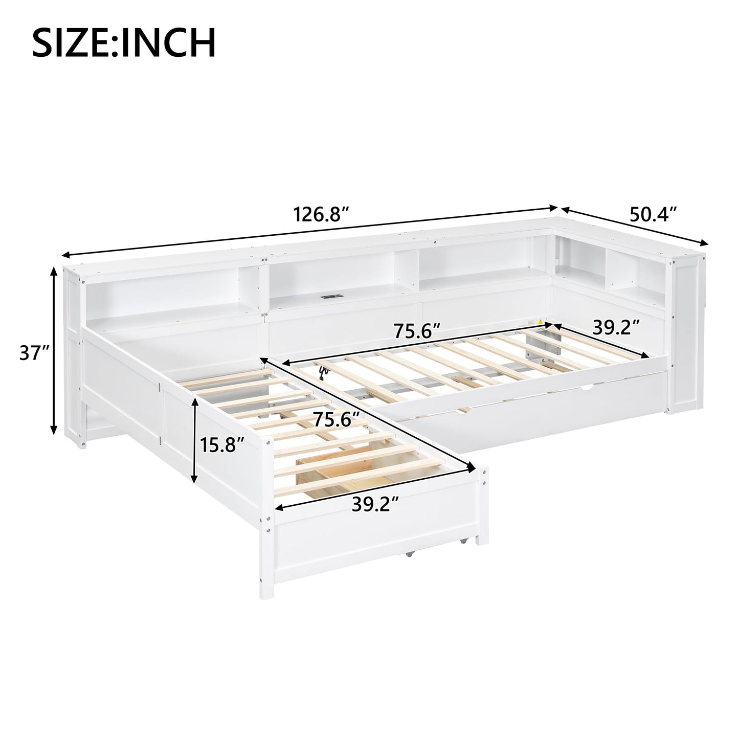 Merax L-Shaped Twin Bed for 2 with Trundle for 3, Wood Corner Platform Bed Frame with 1 Drawer & 5 Storage Shelves & Charging Station for Bedroom Guest Room, No Spring Box Needed (White)