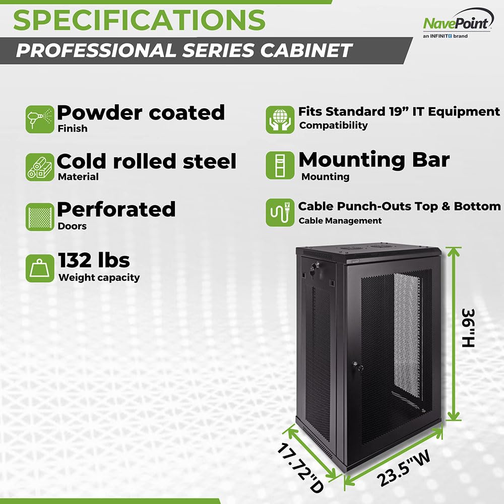 NavePoint 18U Server Rack Enclosure - 17.7” Deep, Wall Mount Network Cabinet with Locking Perforated Door, 19” IT Equipment Compatible, Network Rack, Removable Side Panels, Black