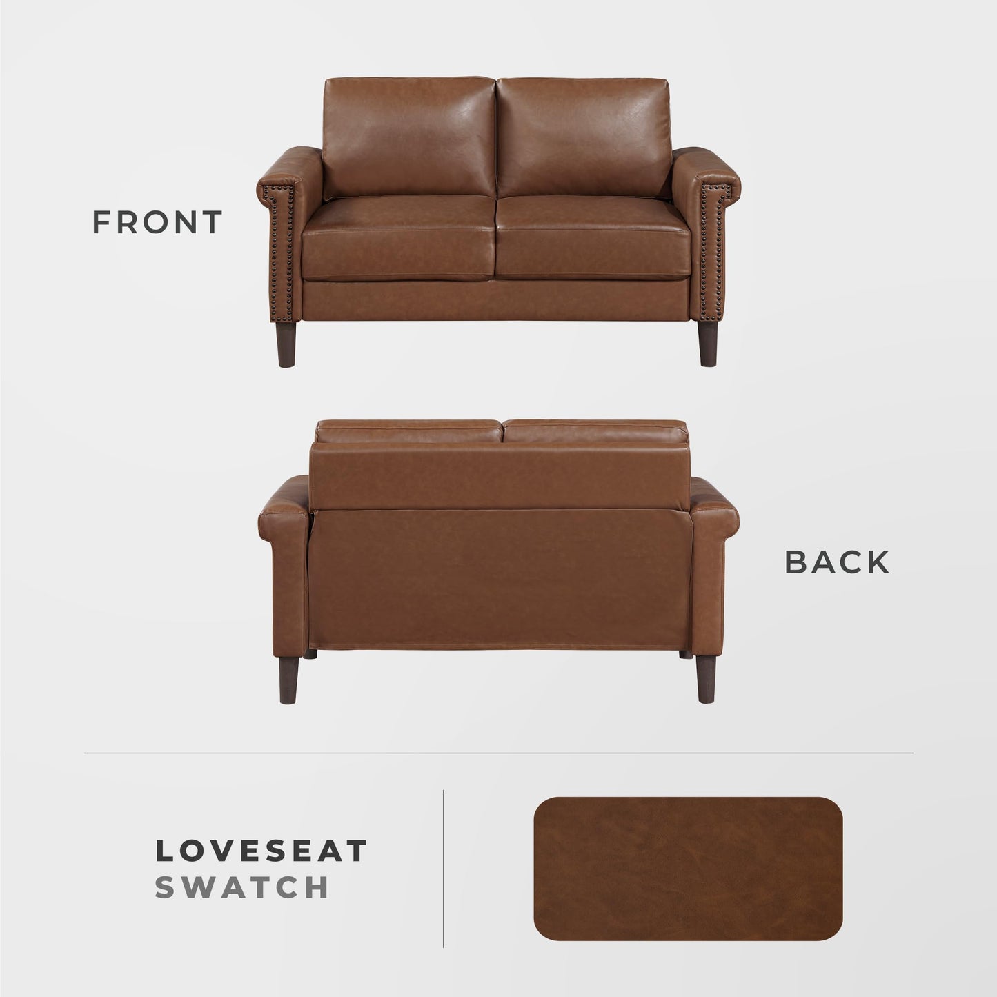 Lexicon 55.5" W Modern Living Room Loveseat - Faux Leather Love Seat with Rolled Arms, Attached Cushions, Nailhead Trim, for Bedroom/Apartment/Office, Easy Assembly, Chocolate