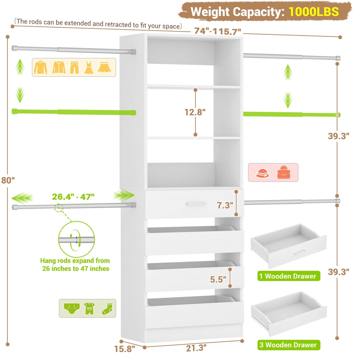 Aheaplus Closet System, 4-9Ft Closet Organizer with 4 Wooden Drawers, Wood Closet Organizer System with Tower, Walk-in Closet Organizer Wardrobe Clothes Rack with 4 Hanging Rods, Garment Rack, White