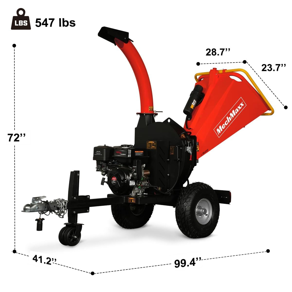 MechMaxx 5'' Inch E-Start 420cc 15hp Gas Powered Wood Chipper Shredder Mulcher with Tail Light, Towbar, Emergency Stop Button, Stop Bar, Model P4205 Red