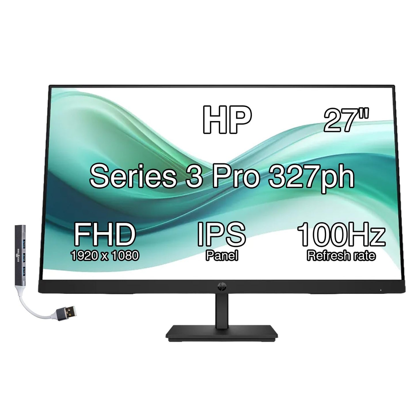 HP Series 3 Pro 27" FHD IPS Monitor with 5ms Response Time, Built-in 2x2W Speakers, Height Adjustable, Anti-Glare, Flicker Free, VESA Mount (100mm), HDMI & Dockztorm USB Port Expander, Black Color