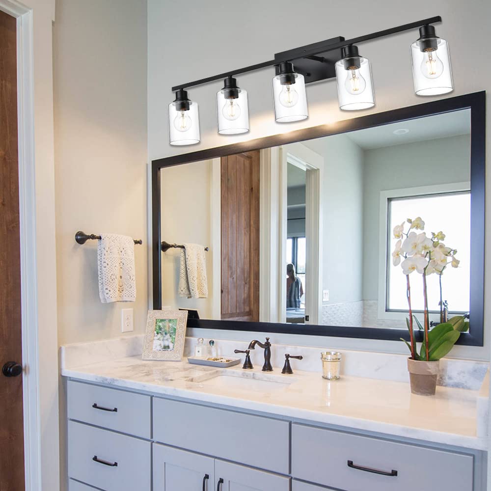 5-Light Modern Bathroom Lighting Fixtures, 40" Matte Black Bathroom Vanity Lights with Clear Glass Shade, Anti-Rust Farmhouse Wall Sconces for Bedroom Cabinet Kitchen E26 Socket (Bulbs Not Included)