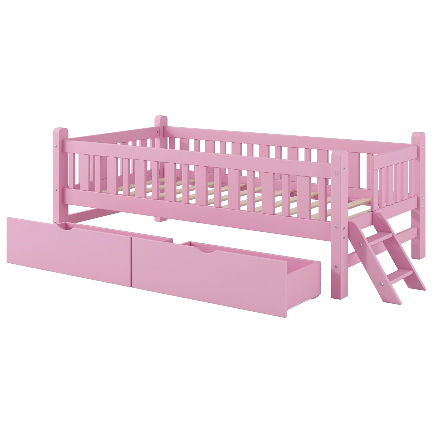 Bellemave Twin Size Kids Montessori Bed with Stairs,Solid Wood Twin Size Kids Bed Frame with Storage Drawers for Girls Boys,Low-Profile,Pink