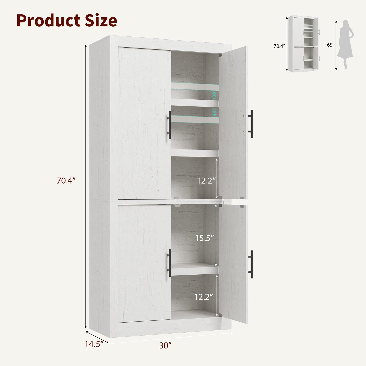 Garvee 70.4" Farmhouse Kitchen Pantry Cabinet with Doors and Adjustable Shelves, Avoids Dust, Tall Freestanding Storage Cabinet for Kitchen, Microwave Stand & Dining Room Organization, Rustic White