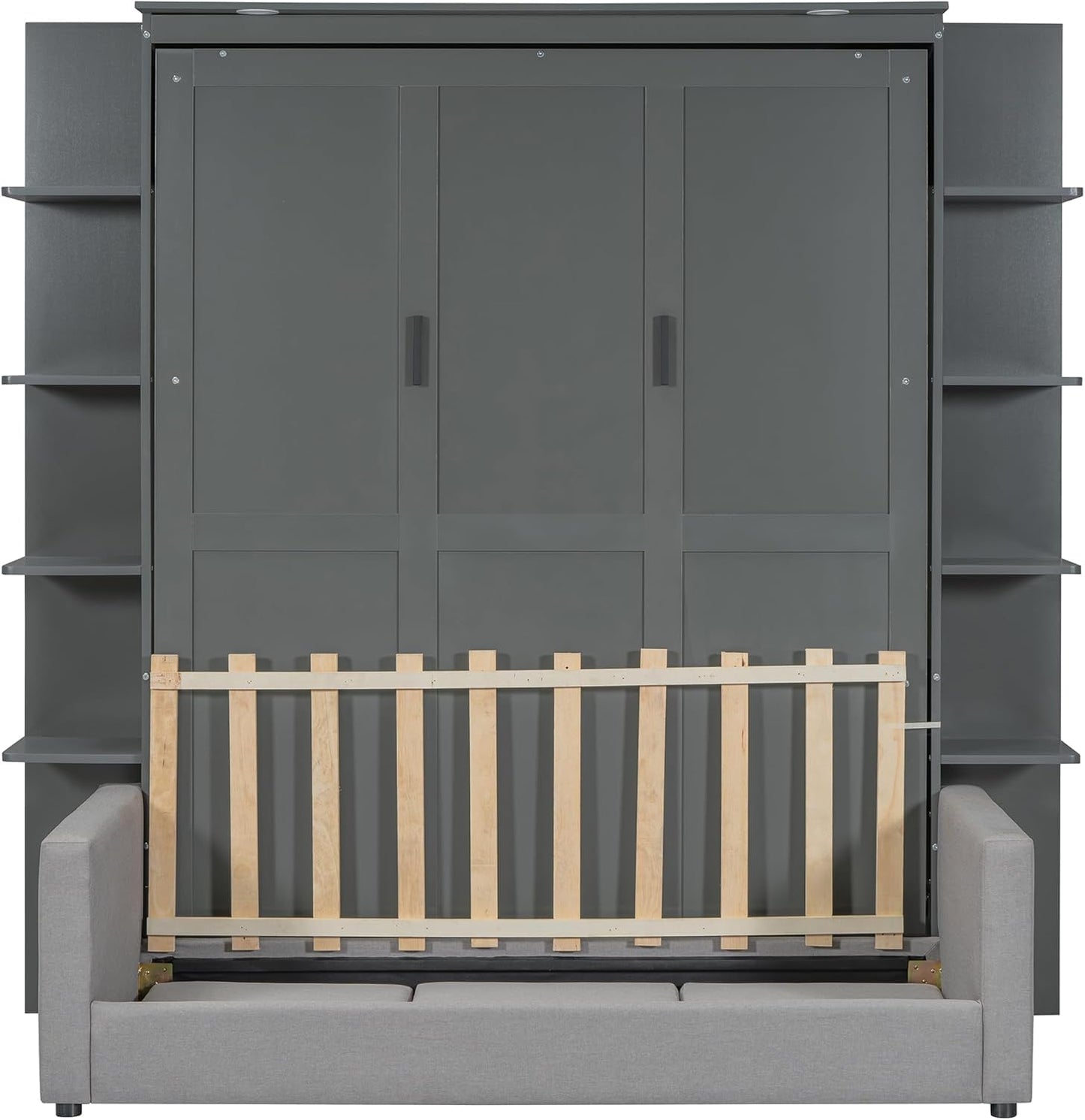 Queen Murphy Bed with Couch and Storage Shelves,Wood Murphy Wall Bed Cabinet with Storage Shelves and Sofa,Folding(Grey)