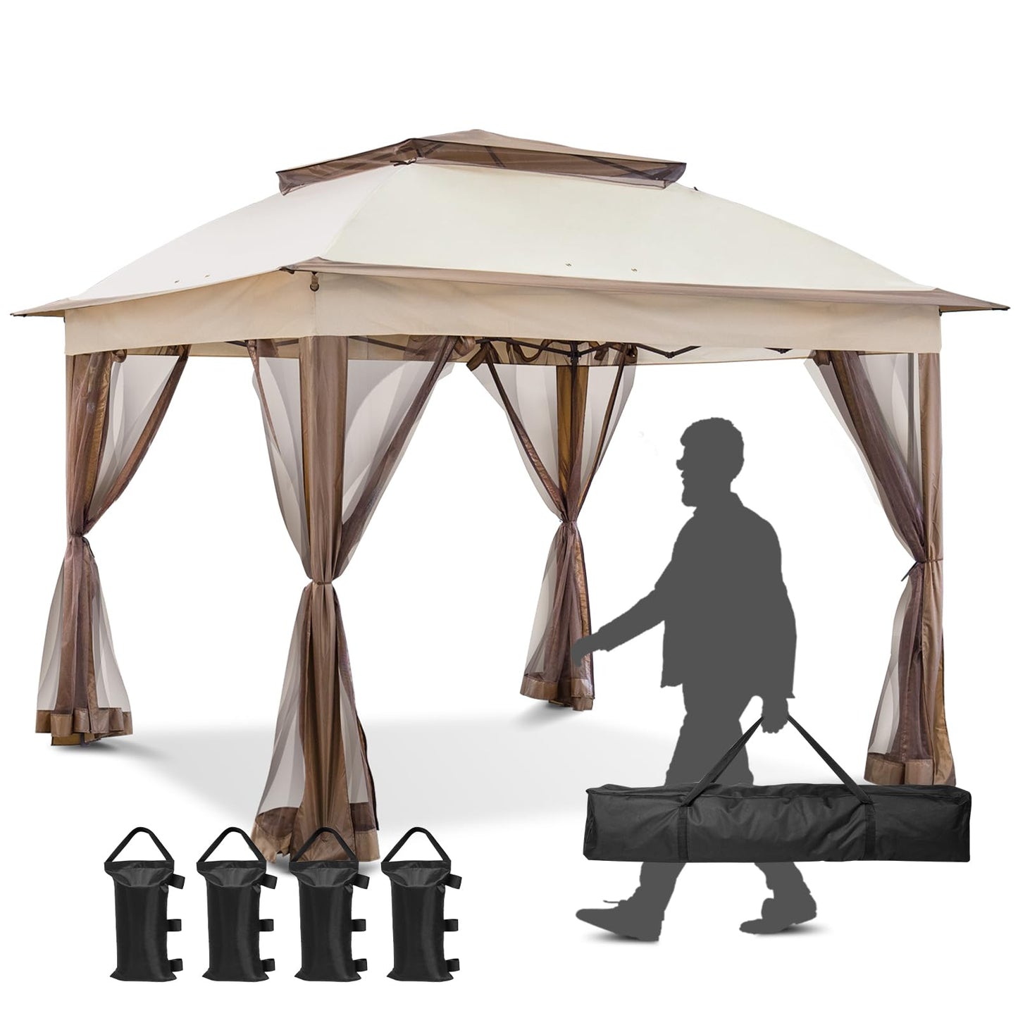 INTER HUT 11x11 Pop Up Gazebo Tent with Mesh Netting, Instant Outdoor Canopy with UPF 50+ UV Protection, Water Resistant, Beige