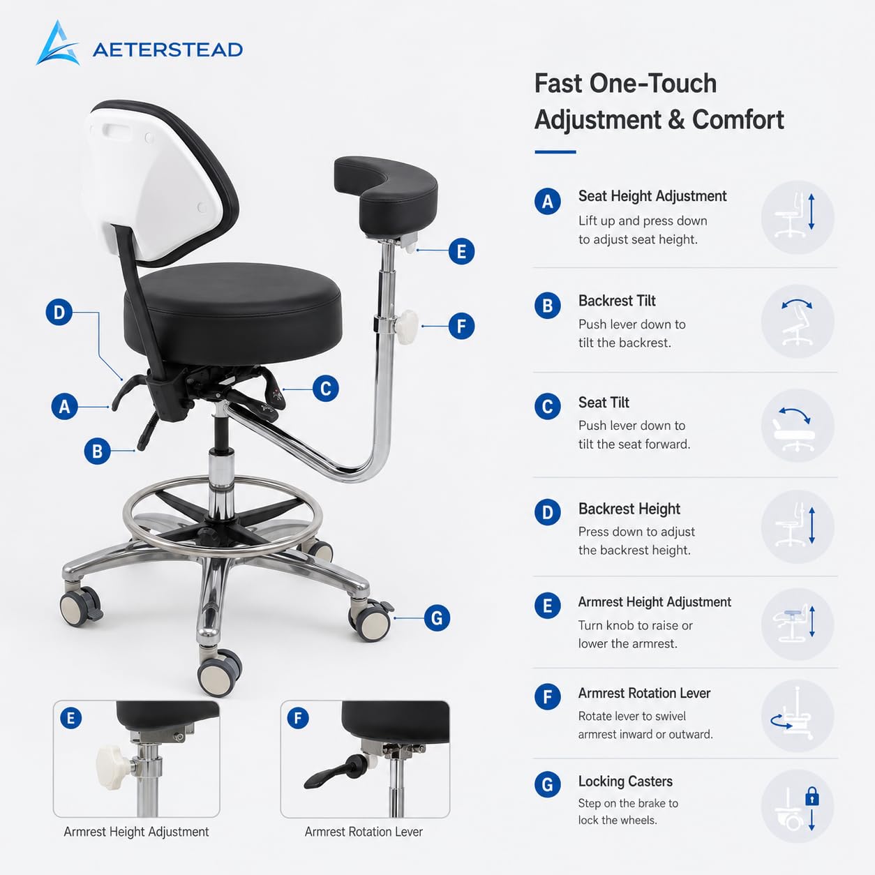 Dental Assistant Chair with Arm & Back – Ergonomic Stool with Forward Tilting Seat, Adjustable Height, Locking Rubber Wheels, Medical Grade Leather, Heavy Duty Base for Hygienist Clinic Lab