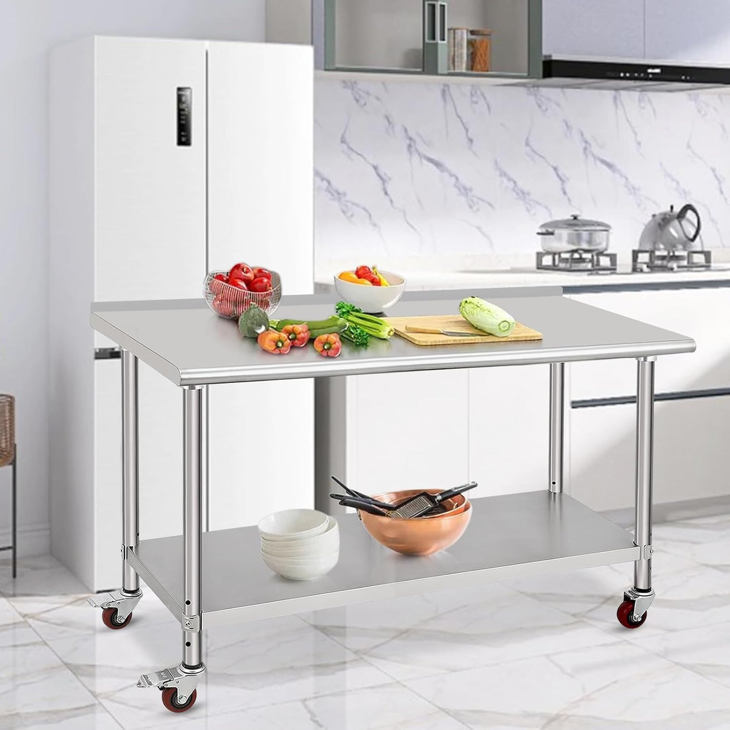 ExploreHorizon Stainless Steel Commercial Work Table with 2 Removable Upper Shelves & Adjustable Lower Shelf, Heavy Duty Wide Metal Prep Table for Kitchen Restaurant Workshop Garage Industrial Use