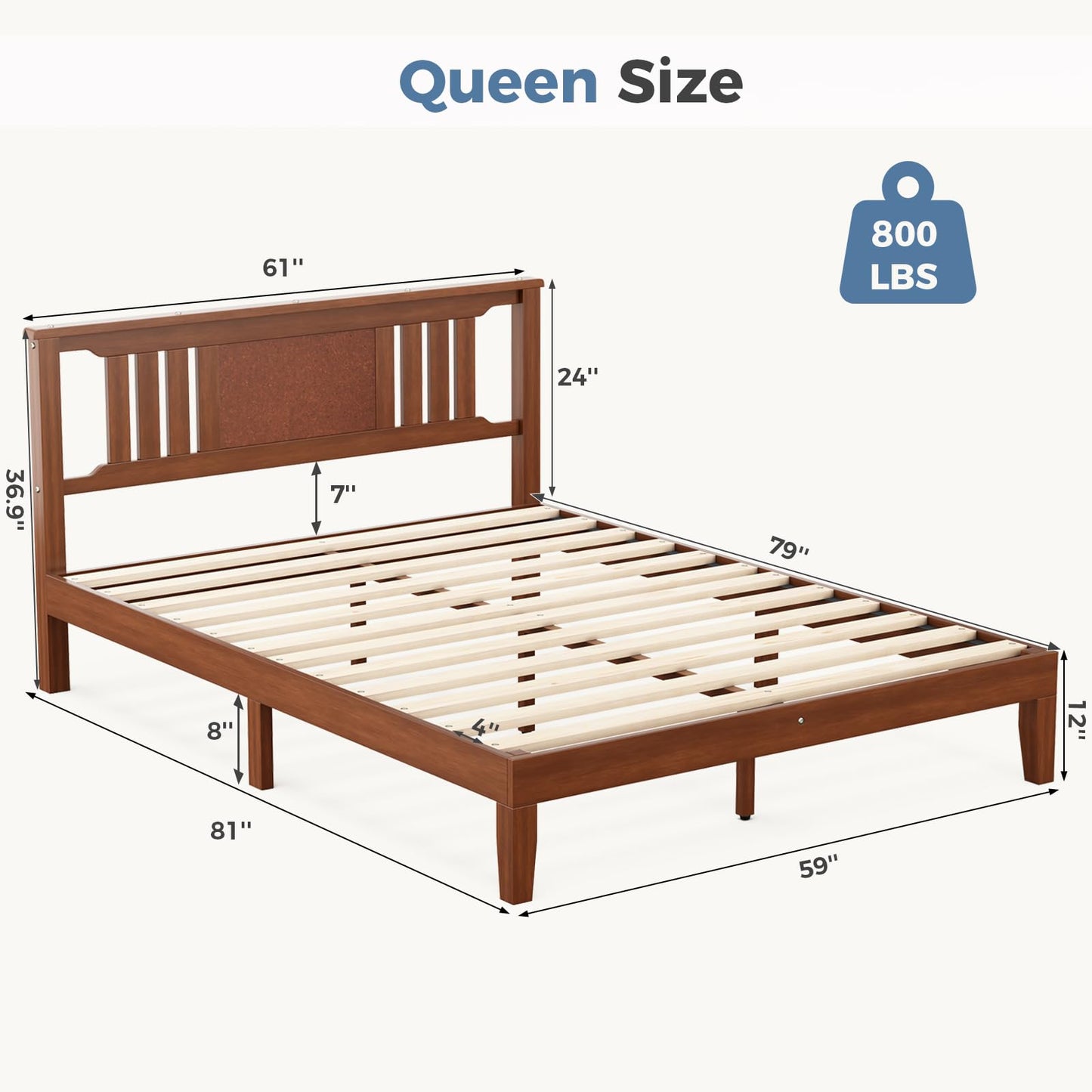 OLIXIS Queen Bed Frame with Headboard, Suitable for Bedroom Furniture, Sturdy Solid Wood Slat Support, Up to 800 lbs, No Box Spring Needed, Easy Assembly, Platform Beds