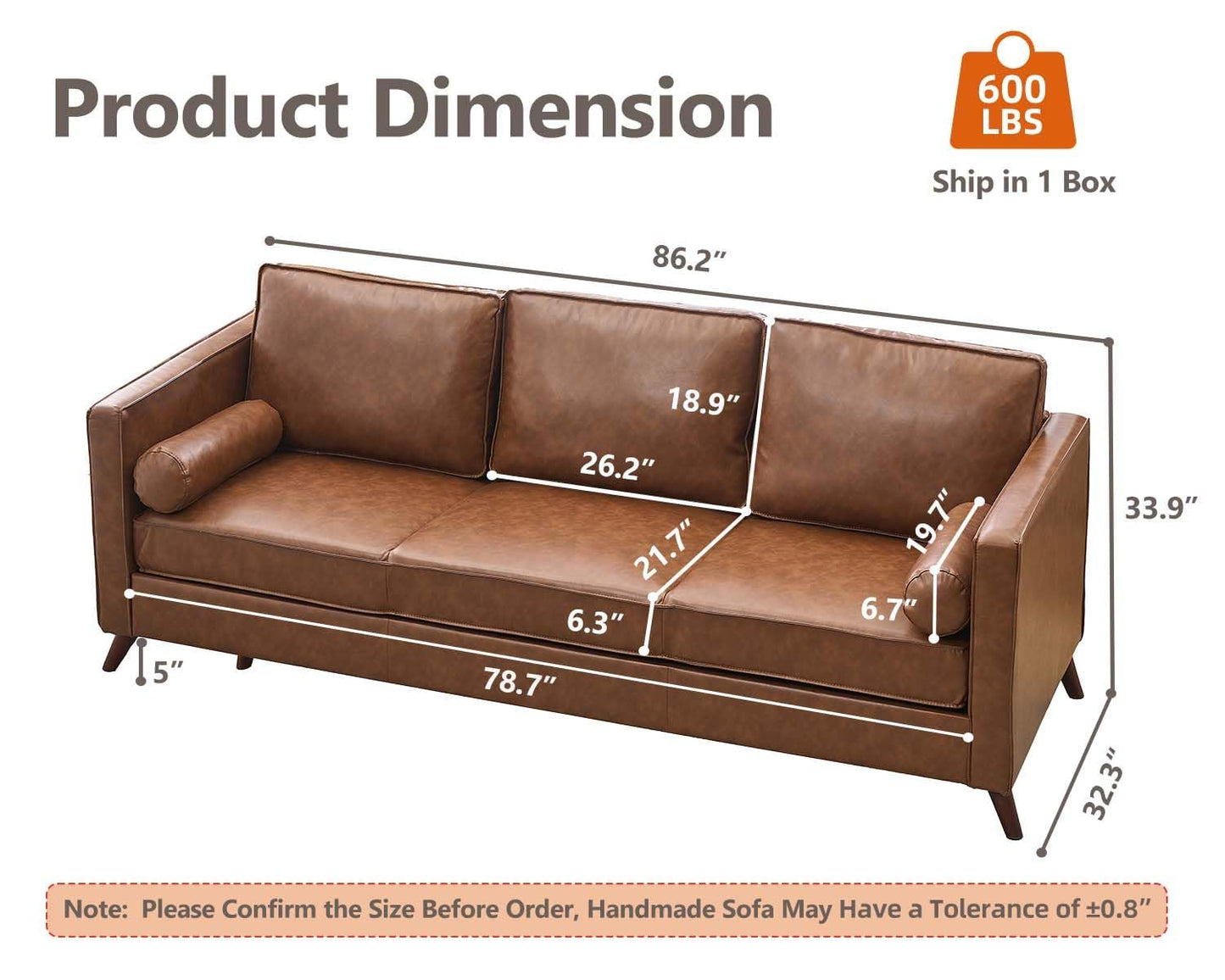 GarveeLife 81" Mid Century Modern PU Leather Sofa, 3 Seater Couch with Deep Seat & Cushions, Faux Leather Living Room Sofa for Apartment, Bedroom, Office, Brown